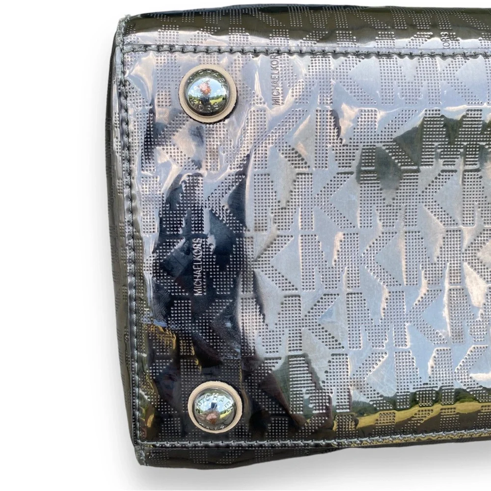 Michael Kors Grayson Nickel Mirror Metallic Logo Satchel Bag - Picture 8 of 12